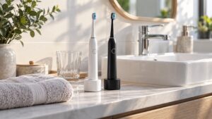 Electric toothbrushes charging on a clean bathroom counter
