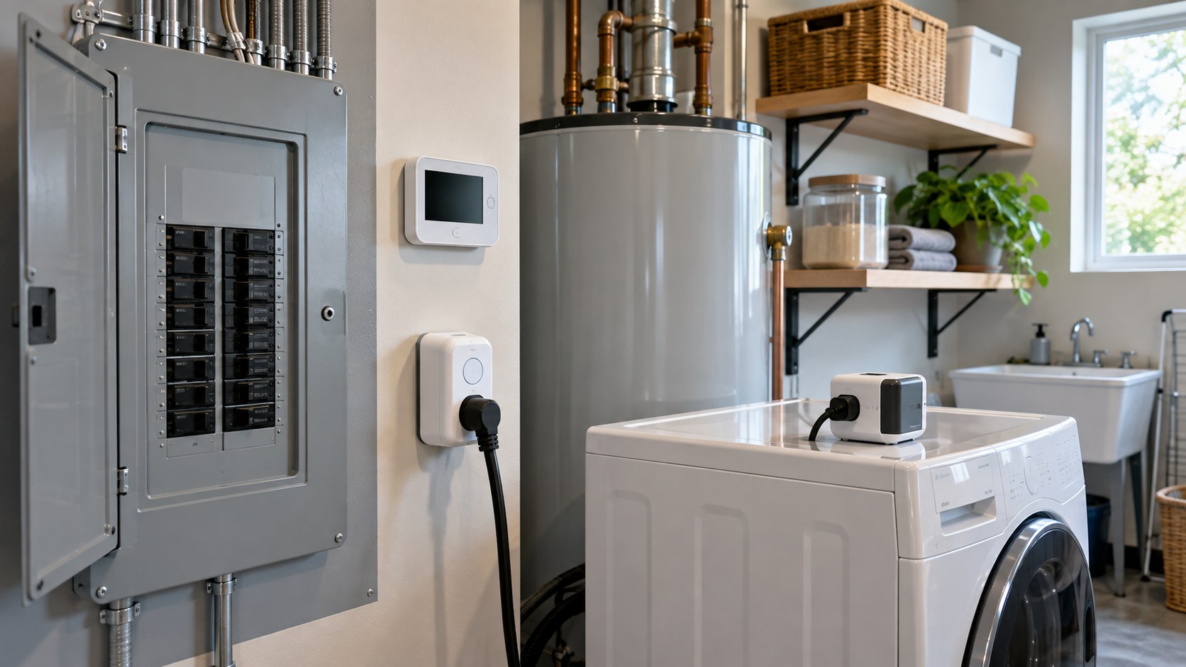 Home utility room with smart electrical panel, plug-in energy monitor, thermostat, water heater, and laundry appliances for energy tracking.