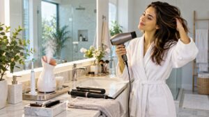 Health and beauty appliances organized on a bathroom vanity