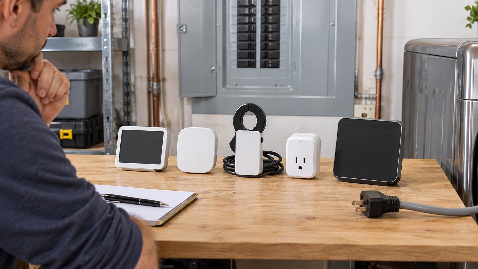 home energy monitor devices compared on workbench near a residential circuit panel