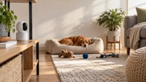 Pet camera facing a cozy living room pet area