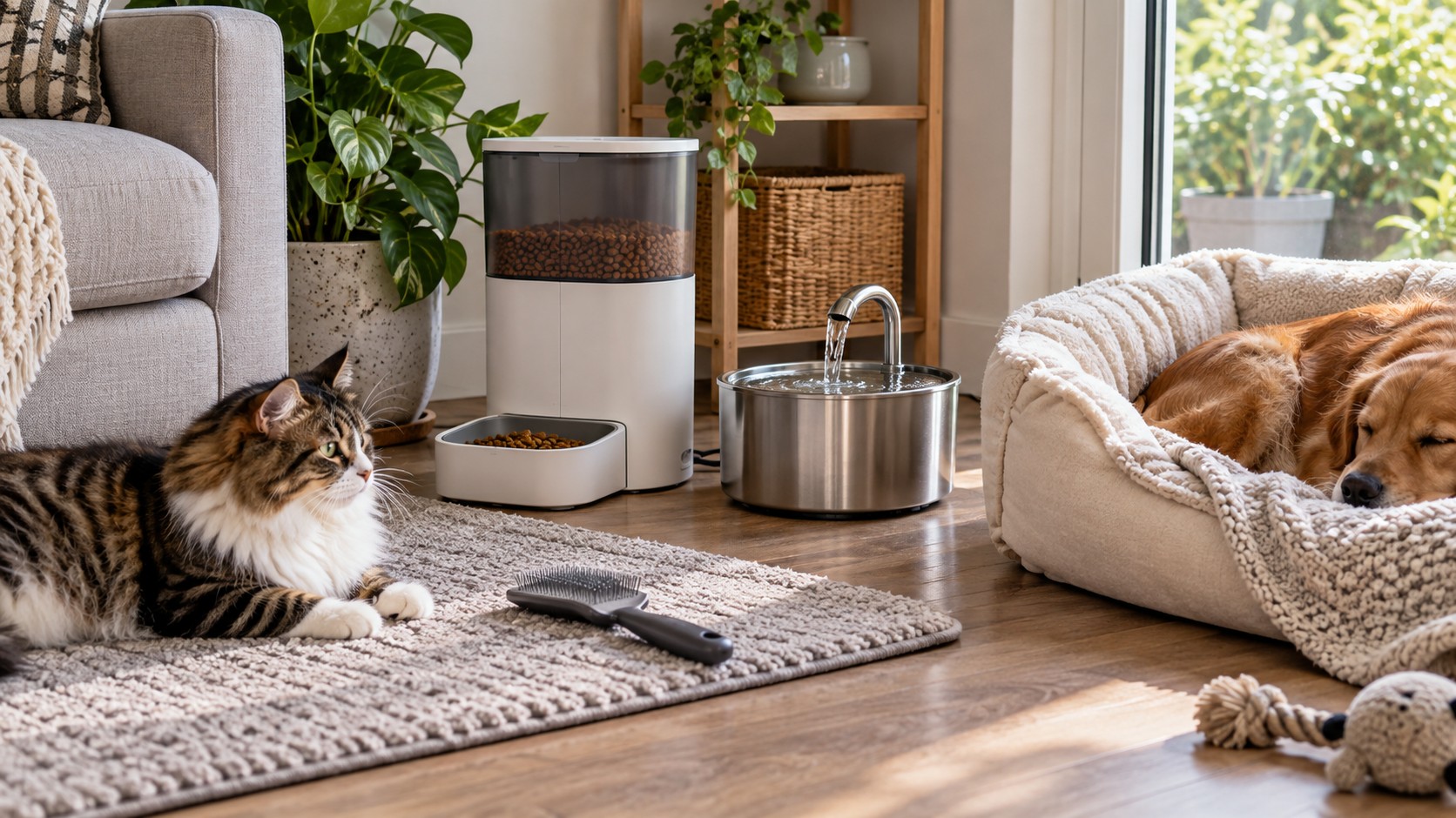 Pet care devices arranged in a bright home living area