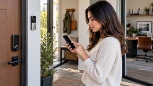 entryway smart lock, video doorbell, router, and homeowner checking blank phone