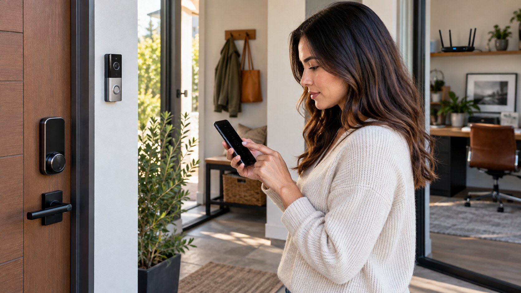 entryway smart lock, video doorbell, router, and homeowner checking blank phone