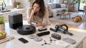 Homeowner comparing robot vacuum parts, filters, mop pads, and cordless cleaning tools on a kitchen island before buying.