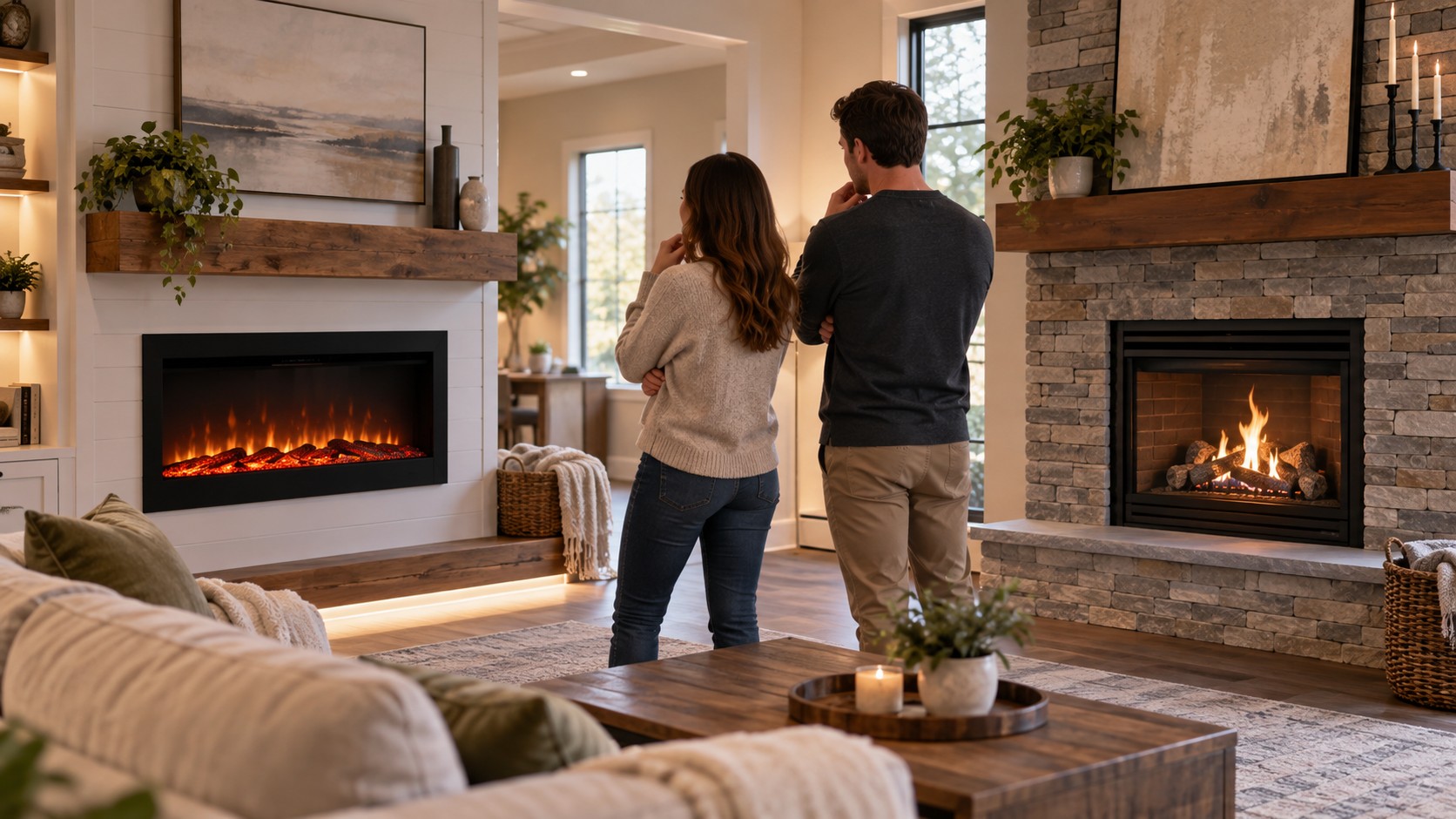 Electric and gas fireplace options compared in a home