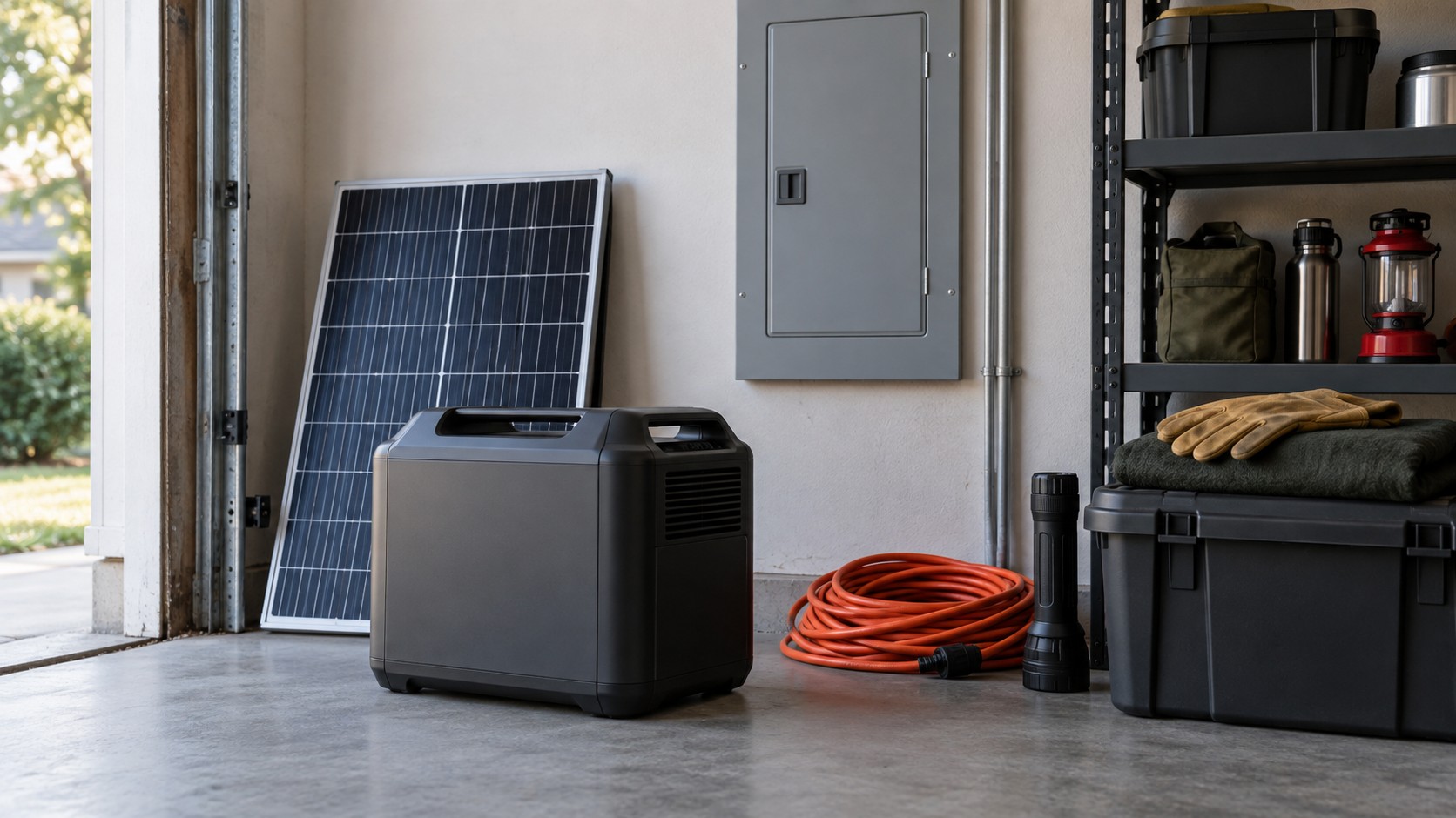 Emergency power equipment arranged in a home garage
