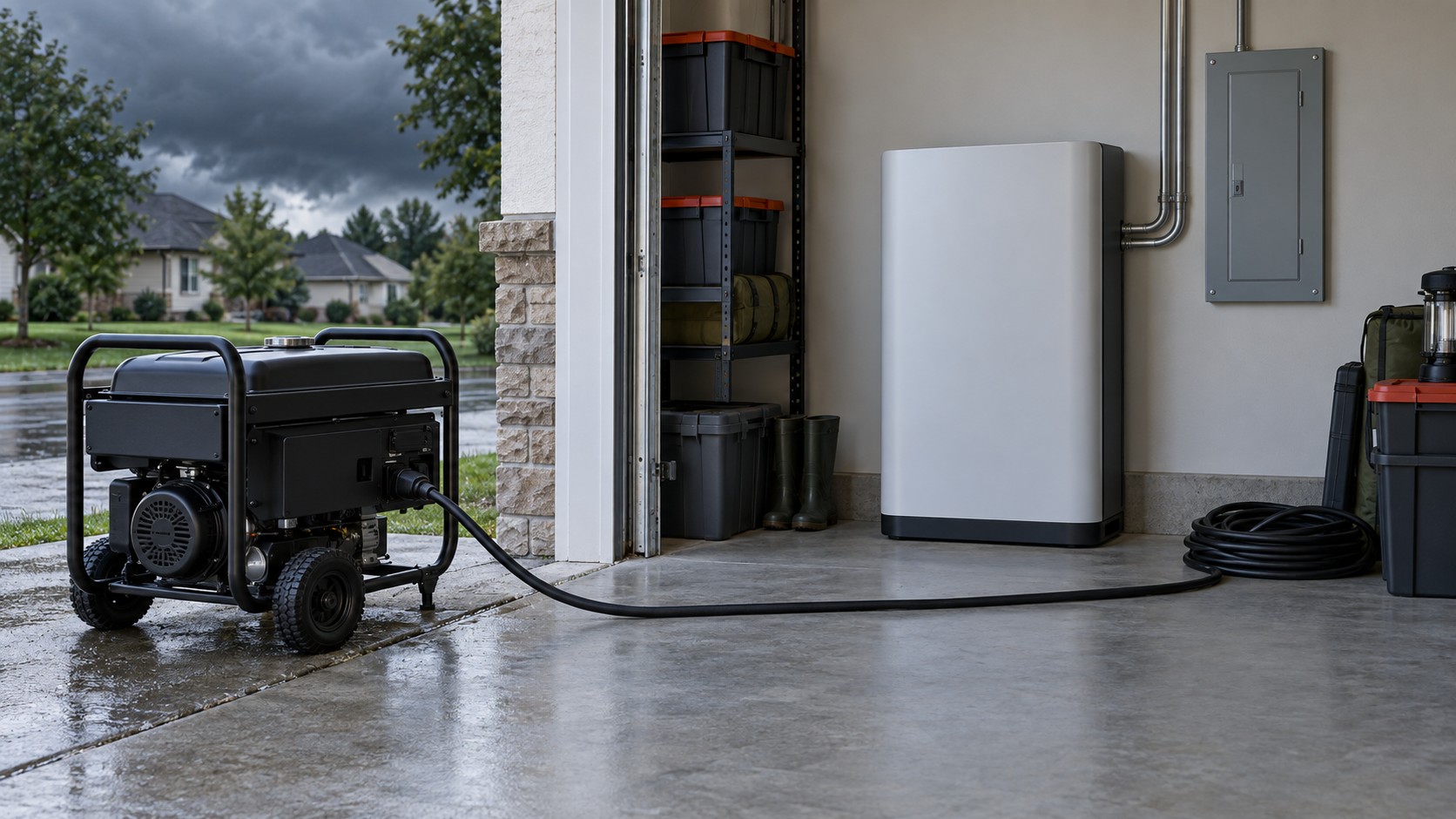 Generator and battery backup power systems compared in a garage