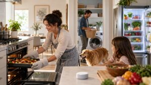 family kitchen with oven, refrigerator, laundry, and sensor hub supporting routines
