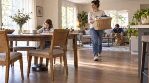 Robot vacuum cleaning under a dining table while a parent carries laundry through a busy, bright family living space.