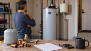 new water heater cost planning with fittings, expansion tank, and blank paperwork
