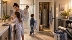 family morning bathroom and utility room routine with water heater visible