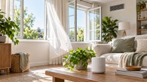 fresh living room with open windows, clean vent, plants, and blank air sensor