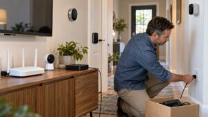 homeowner unplugging old connected device near router and smart home devices