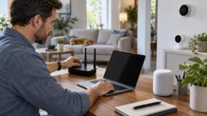 homeowner securing router and connected devices from a tidy home office