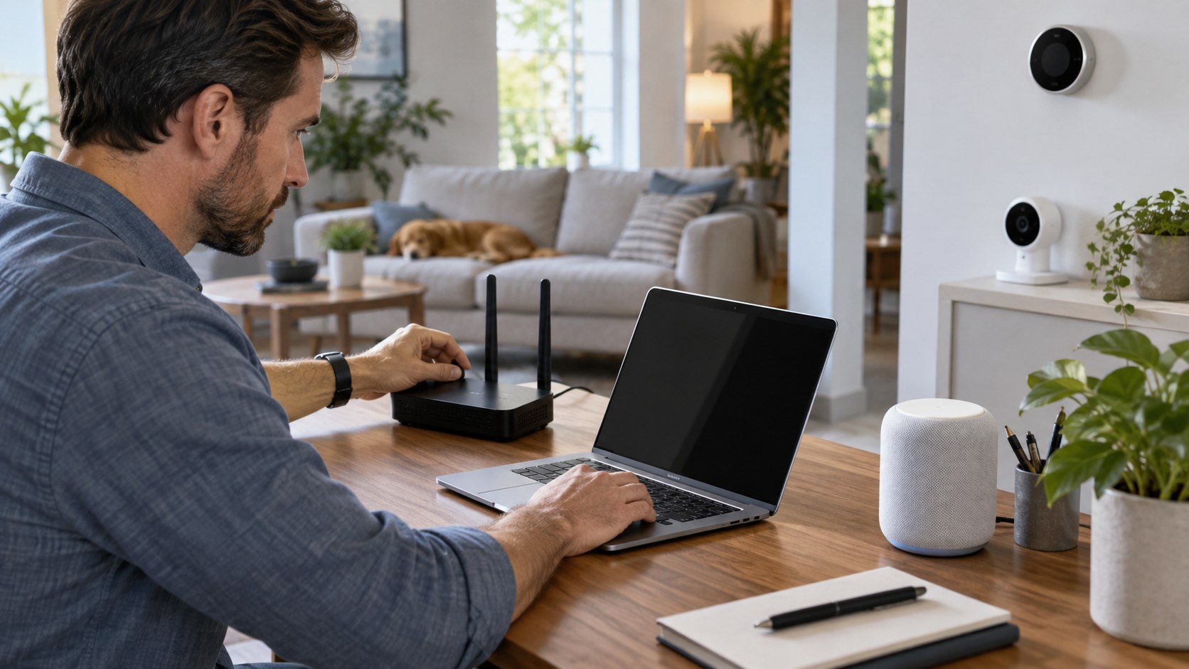 homeowner securing router and connected devices from a tidy home office