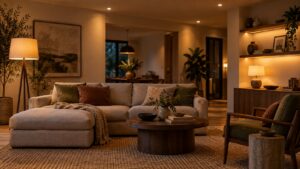 Layered lighting in a warm modern living room