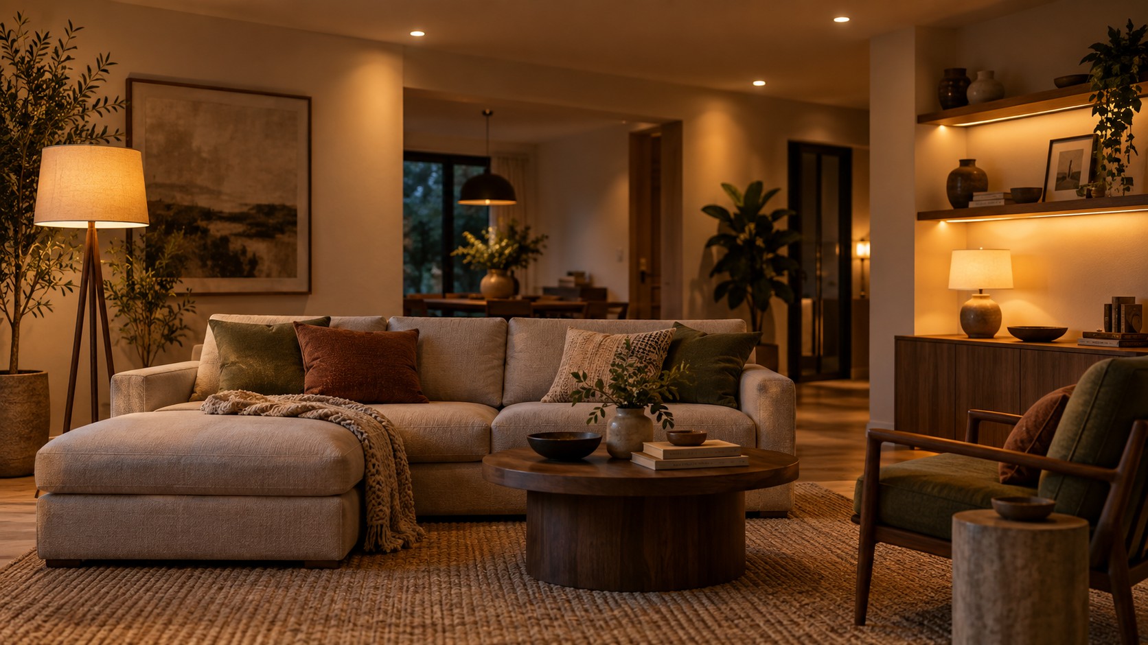 Layered lighting in a warm modern living room