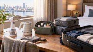 Portable travel appliances packed beside a hotel room suitcase