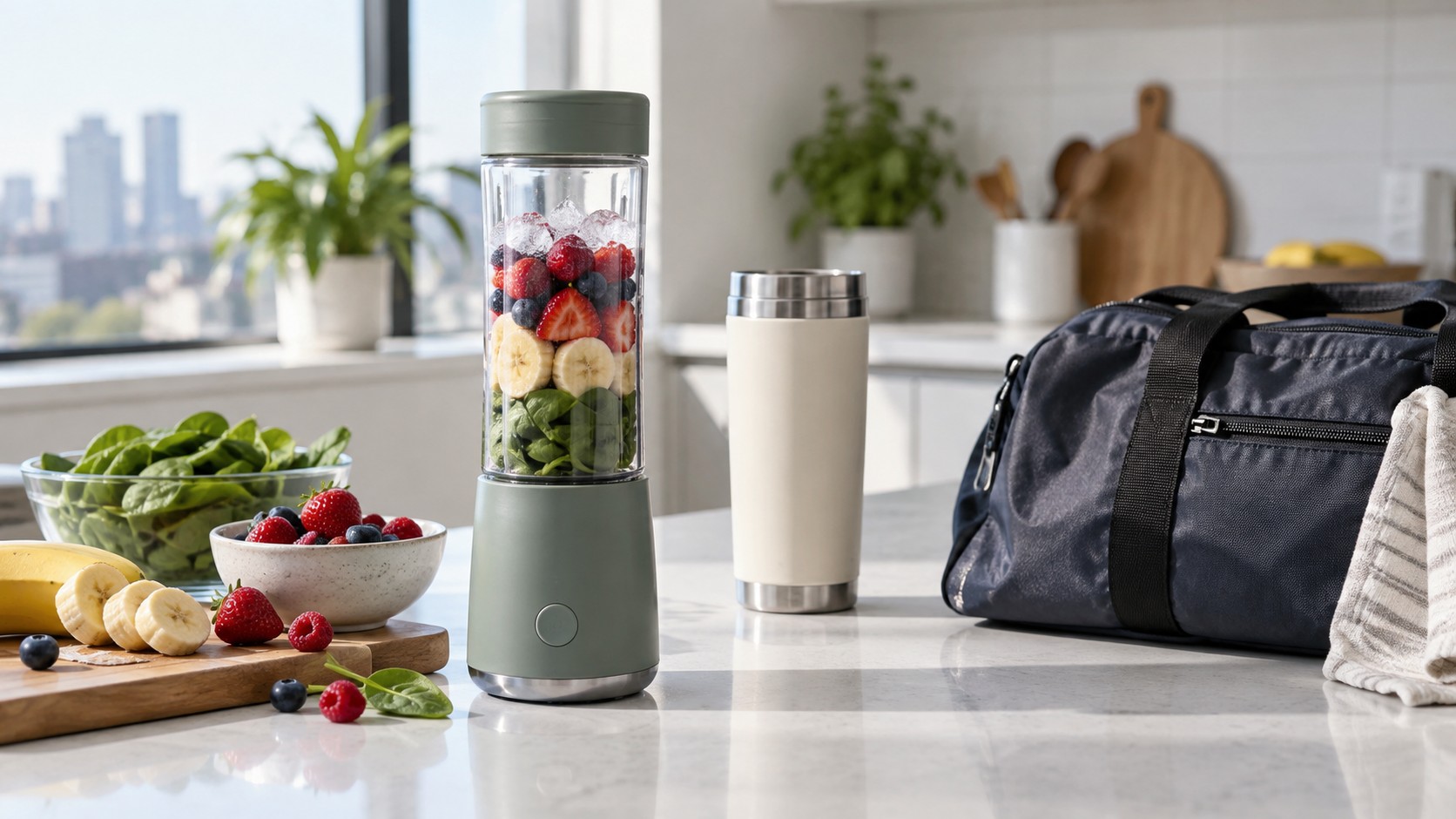 Portable blender prepared for smoothies and travel meals