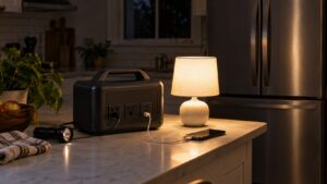 Portable power station running a lamp during a home outage
