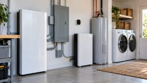 smart energy hub with electrical panel, battery module, thermostat, and laundry appliances