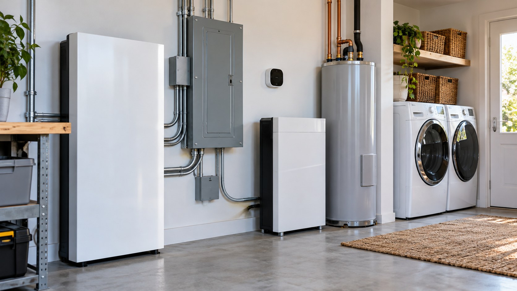 smart energy hub with electrical panel, battery module, thermostat, and laundry appliances