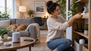 homeowner adjusting smart camera privacy in a calm living room