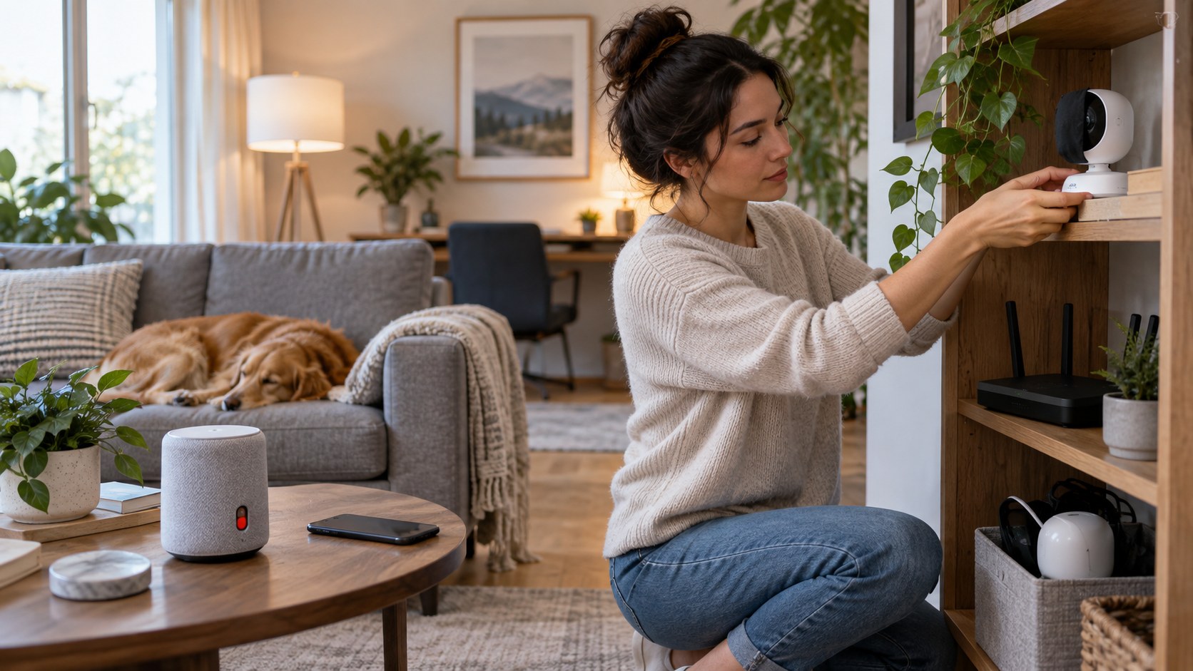 homeowner adjusting smart camera privacy in a calm living room