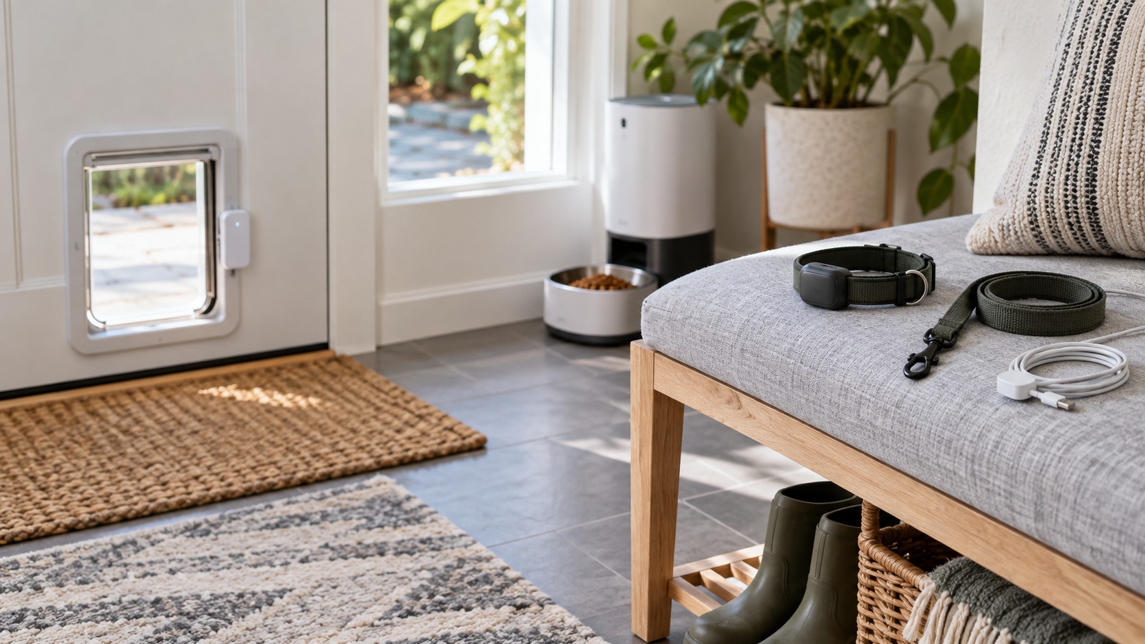 Smart pet tech gear arranged near a home entryway