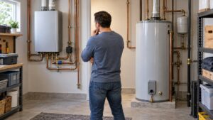 tankless and traditional water heaters compared in a clean utility room