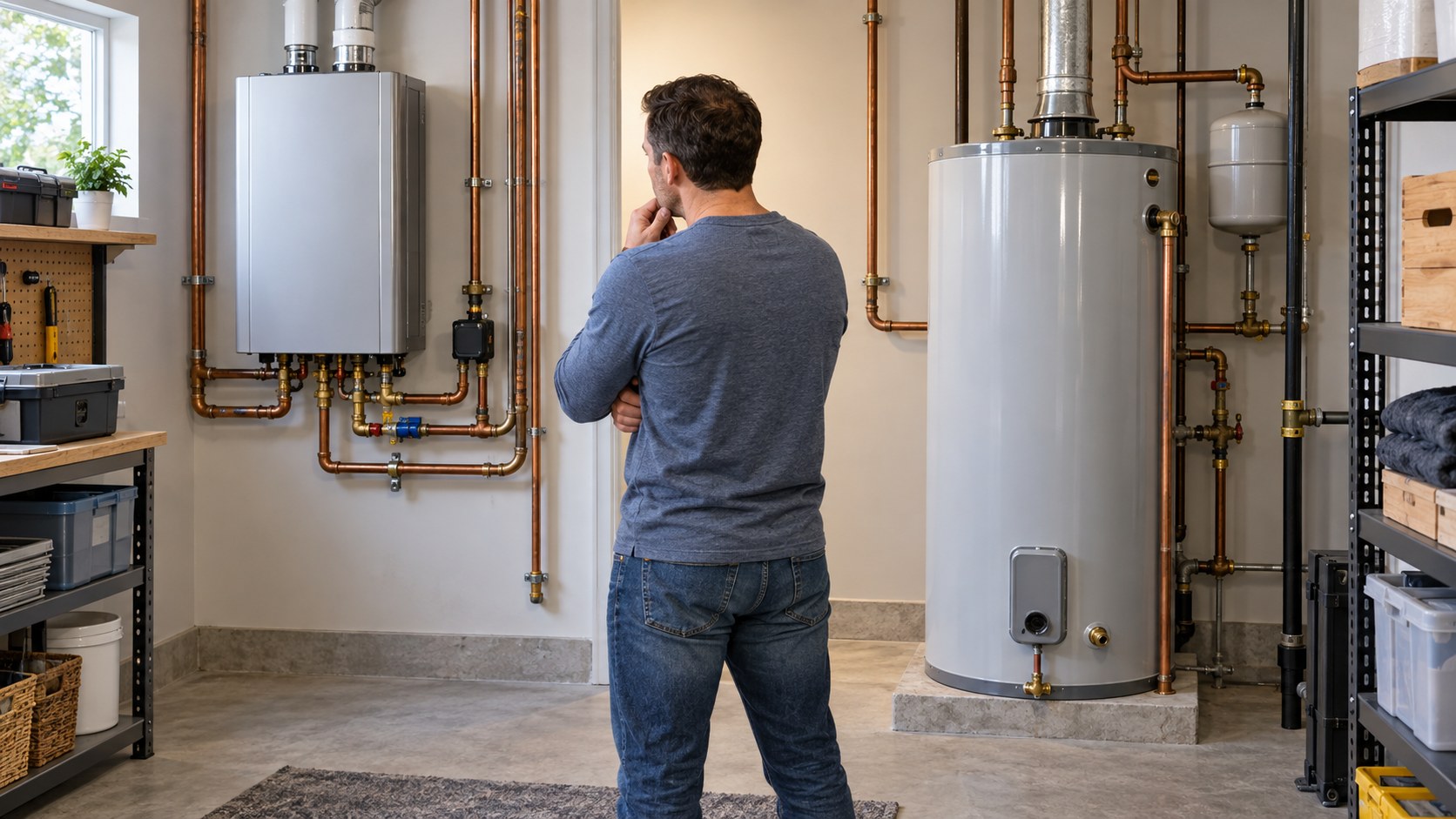 tankless and traditional water heaters compared in a clean utility room