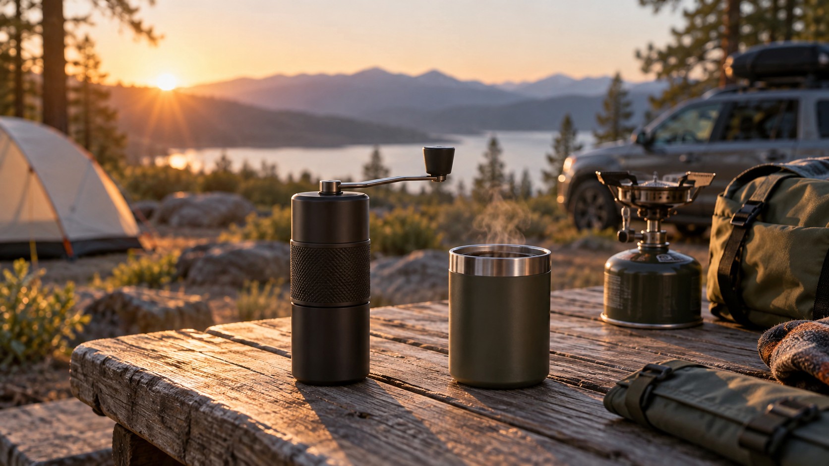 Travel coffee maker and insulated mug at a campsite