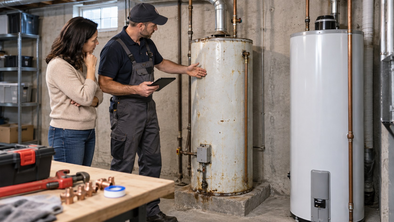 homeowner and installer inspecting an old water heater replacement area