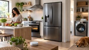 modern kitchen and laundry with refrigerator, oven, washer, and small sensor hub