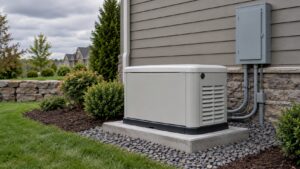 Whole-house generator installed beside a home