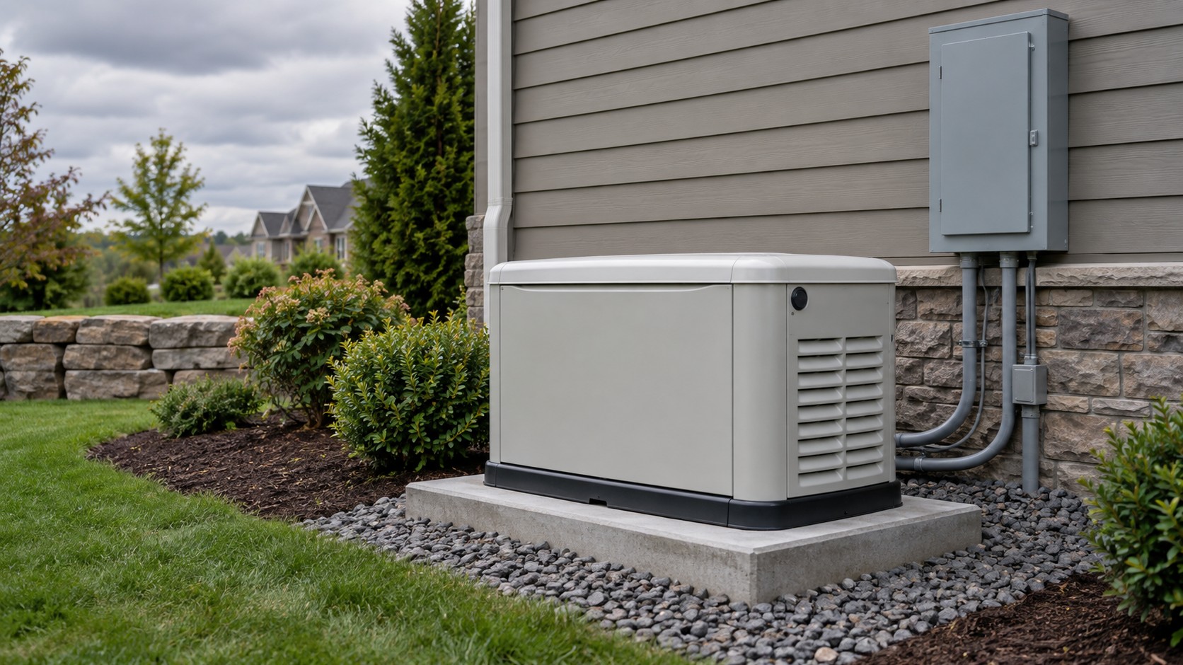 Whole-house generator installed beside a home